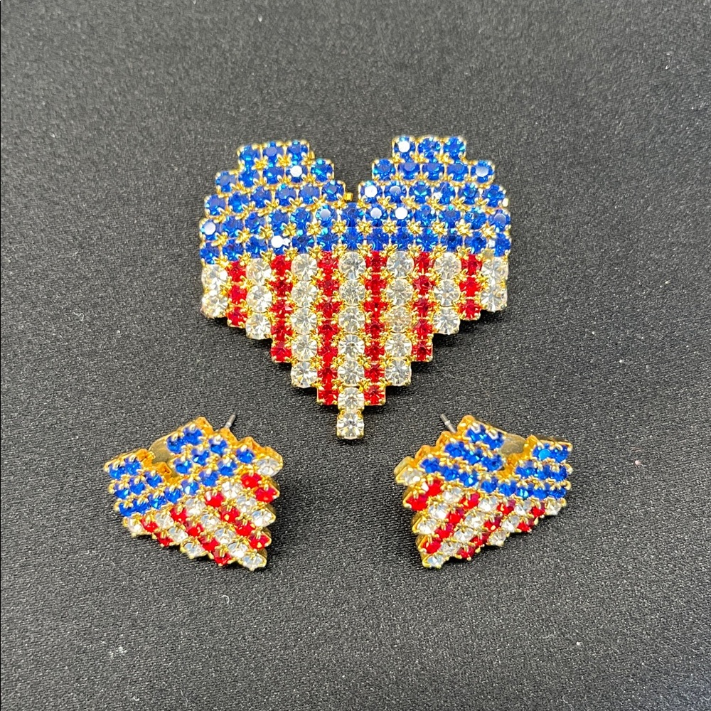 Rhinestone Heart USA Flag Brooch or hat pin and USA Flag Earringe